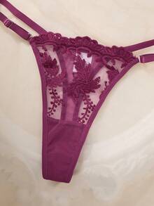 Women's Purple Sheer Babydoll Lingerie Set With Plant Pattern Lace And Spaghetti Straps Bra Set Bras For Women 3 Piece Set Sexy Bra Set 3 Piece Lingerie Set