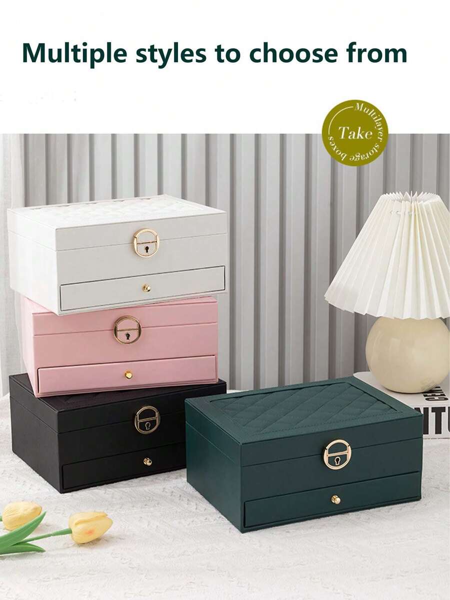 1PC2 Layer/3 Layer Large Capacity Jewelry Box, Gift Leather Jewelry Box, Portable Jewelry Storage Box, Bathroom Storage Box, Desktop Storage Drawer Box, Stackable Storage Box Rack, Dressing Table Jewelry Storage Box With Drawers