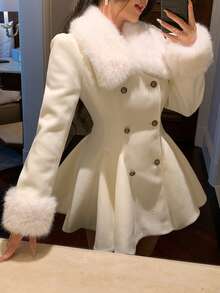 DAZY 女士优雅纯色羊毛领A字大衣，秋冬款 - 米色 - 查看 7