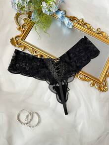 SHEIN 女士镂空花朵蕾丝边修身性感丁字裤内衣 - 黑色 - 查看 2