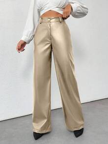 EURMUSE Prive Gold Button Detailed Straight Fit Leather Pants - Beige - View 6