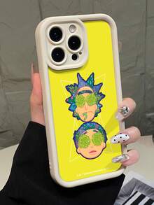 Rick and Morty X SHEIN 1个高端手机壳，品牌黄色背景，简约白色，精准开孔防摔，时尚设计，万圣节和圣诞节节日礼物，兼容 17/16/15/14/13/12/11和Galaxy S25/24/23 - 白色 - 查看 2