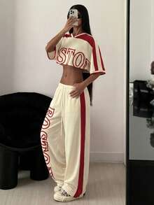 StreetHx 两件套女士印花撞色露脐上衣+运动裤套装 - 彩色 - 查看 3