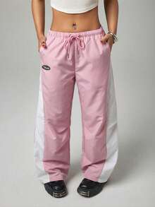 SHEIN PETITE Damen Kontrast-Farbblock Elastischer Bund Kordelzug Lässige Gerade Lose Sportliche Hose