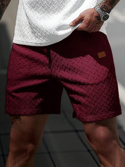 Manfinity CasualCool Men's Summer Jacquard Drawstring Shorts With Ribbed Collar And Leather Patch, Ideal Gift For Boyfriend Or Husband Textured Shorts Men Maroon Shorts Red Shorts For Men Burgundy Shorts Men Mens Patterned Shorts