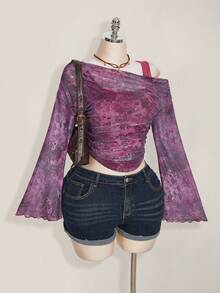 SHEIN ICON Plus Size Oblique Shoulder Mesh Sheer Netted Knit T-Shirt, Paisley Print See-Through Long Sleeve Top - Purple - View 4