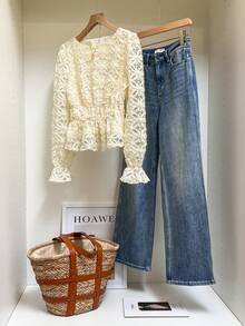 SHEIN Frenchy Women's Elegant French-Style Fitted Waist Solid Color 3D Floral Long-Sleeved Blouse, Spring Women's Clothing, Summer Women's Clothing, Beachwear, Outdoor Top, Women's Elegant Blouse, Women's Vacation Wear, Women's White Top,Valentine Clothes ,Summer Holiday Outfits Resort - Apricot - View 6