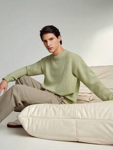 RONVEXI Áo len dài tay cổ tròn trễ vai màu trơn thường ngày cho nam, Thu/Đông - Màu xanh Bạc hà - Xem 7