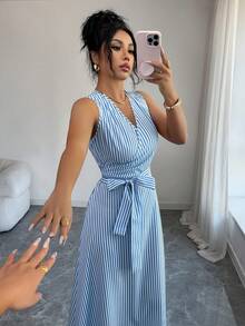 SHEIN Elenzya 女士交叉V领条纹无袖优雅连衣裙 - 藍色 - 查看 6