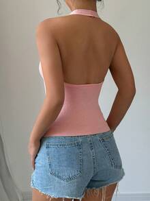 Chiquease 女性性感花卉裝飾針織上衣，開背設計和分裂下擺 - 粉色 - 查看 2