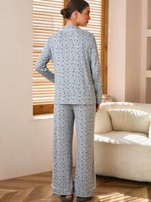 SHEIN 2pcs Maternity Bow Print Lapel Collar Long Sleeve Button-Up Top And Adjustable Waist Pants Set,Maternity Clothes - Grey - View 2