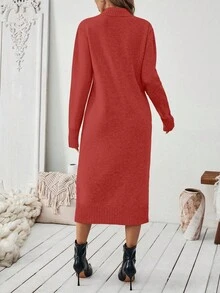 SHEIN LUNE 女士纯色休闲直筒简约针织连衣裙 - 紅色 - 查看 2
