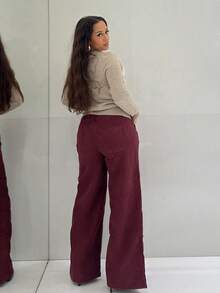 NegzBox Pantaloni casual dritti e larghi in velluto a coste di colore unito, adatti per l'autunno/inverno - Bordò - Visualizzare 2