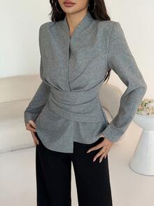 Modelyn 女士优雅灰色长袖A字褶皱衬衫，收腰设计，披肩领，秋季款 - 灰色 - 查看 4