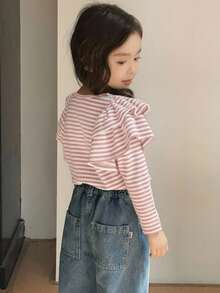 SHEIN 女童基础款条纹T恤，休闲针织面料，适合返校、学习和居家穿着 - 淺粉色 - 查看 2