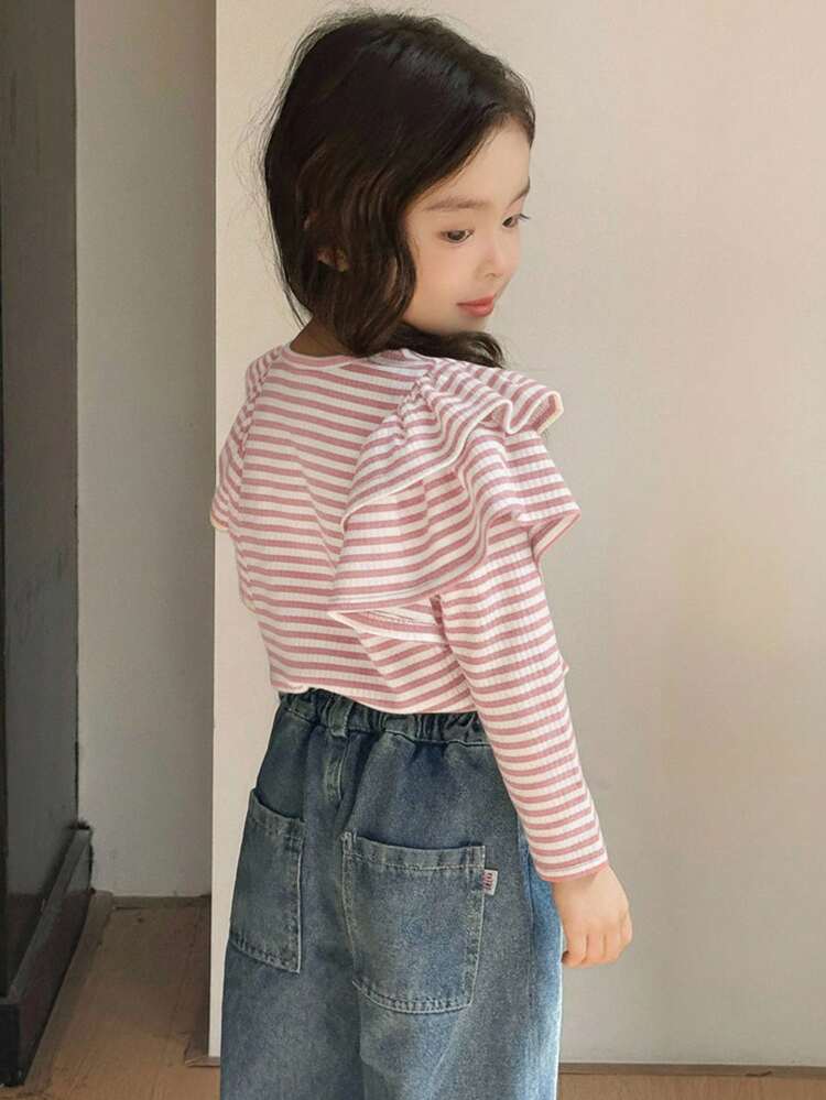 SHEIN 女童基础款条纹T恤，休闲针织面料，适合返校、学习和居家穿着 - 淺粉色 - 查看 2