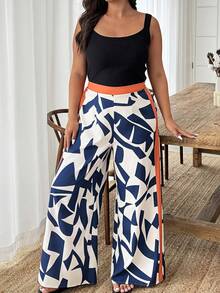 Weeklong Pantalones holgados casuales de talla grande para mujer con estampado geométrico y bloques de color, estampado aleatorio, para primavera/verano - Multicolor - Ver 1