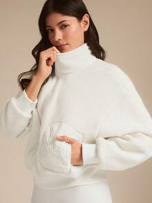 GLOWMODE Cloud Fleece Fuzzy Feels Cozy Warm Lightweight Stand Collar Ribbed Cuffs Hem Hip-Length Relaxed-Fit Fleece Bomber Jacket Autumn Winter Outdoor Daily Casual - White - View 4