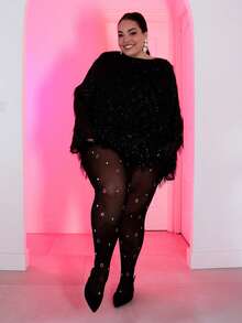 Pretty and Ole 大码女式秋冬、春夏优雅华丽性感基本款手工水钻装饰网眼面料透视紧身裤打底裤 - 黑色 - 查看 8