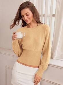 Hanevo 休闲圆领抽绳腰身修身纯色针织衫，适合秋冬季穿着。 - 杏色 - 查看 4