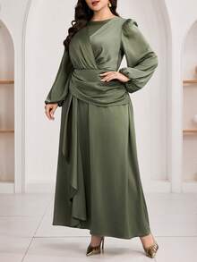 Veilorie Vestido árabe elegante e plissado de cor sólida, tamanho grande, para mulheres. - Verde escuro - Ver 6