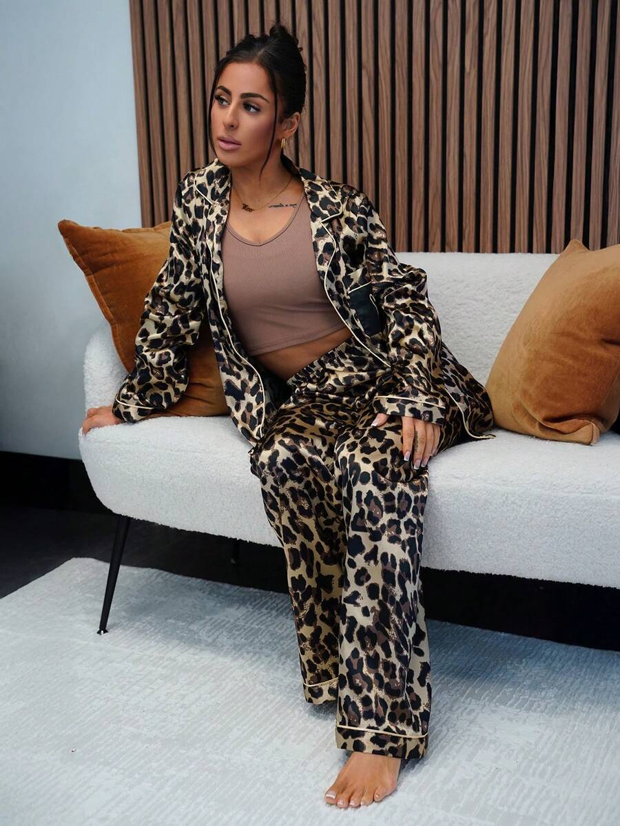 SAYEHFBABY Leopard Print Silk-Like Lapel Top And Long Pants Women Pajama Set, Fall Clothes  Cozy And Elegant Details - Multicolor - View 1