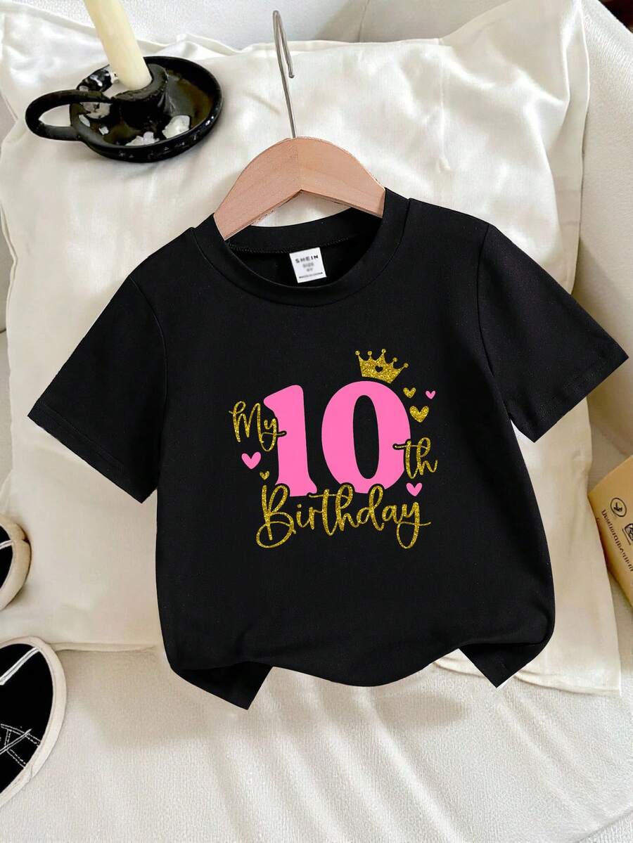 Tween Girl 10th Birthday 3D Sequin Crown Graphic Round Neck Short Sleeve Black T-Shirt - Black - View 1
