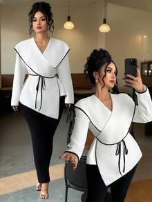 Elenzga 大码女式优雅V领撞色滚边长袖系带衬衫，时尚百搭，适合秋冬季节和返校季穿着 - 白色 - 查看 1