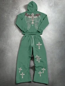 Manfinity Roghcode Cross Angel Wings Men's Autumn/Winter Hoodie And Flared Pants 2 Pieces Set - Green - View 3