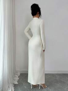 Elenzga Đầm dự tiệc đa năng hàng ngày, cổ áo Mandarin, dệt kim họa tiết, viền kim loại, nút bấm, gợi cảm, thanh lịch dành cho nữ - Màu be - Xem 2