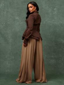 High Waist Pleated Detail Wide Leg Elegant Pants - Brown - View 3