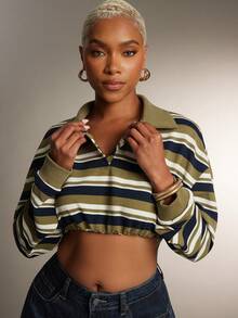 Denimoi 收腰翻领短款 Polo 衫 时尚街头风短款条纹 Polo 衫 - 綠色 - 查看 4