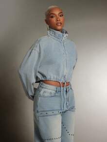 Denimoi Elastic Waist Toggle High Neck Zip Front Cropped Denim Jacket - Light Wash - View 4