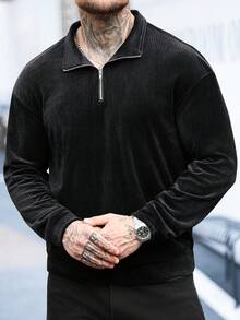 Manfinity CasualCool Men's Casual Everyday Commute Simple Solid Color Ribbed Half-Zip Stand Collar Pullover Sweatshirt Black Vacation - Black - View 5