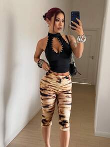 StreetHx 女士动物纹印花渐变黄色Y2K朋克摇滚风七分紧身裤，秋冬款 - 棕色 - 查看 6