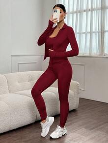 SHEIN Tall 3pcs Black Knit Women Sports Set, Tall Version With Extended Length, Suitable For Summer & Autumn - Burgundy - View 8
