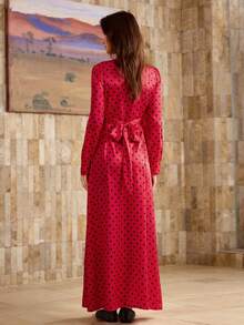 SHEIN Unity Elegant Red And Black Polka Dot Hem Slit Long Sleeve Women Maxi Dresses,Autumn Winter Formal Party Dresses For Women,Christmas Party Dress - Red - View 2