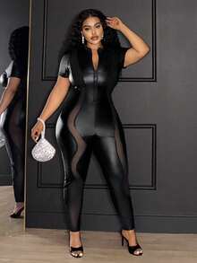 Slaydiva Combinaison moulante asymétrique en maille sexy pour femmes grandes tailles