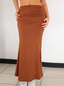 SILVIA DI SANTO Women's Elegant Solid Color Ruched Mermaid Hem Skirt Maxi Women Outfit - Brown - View 6