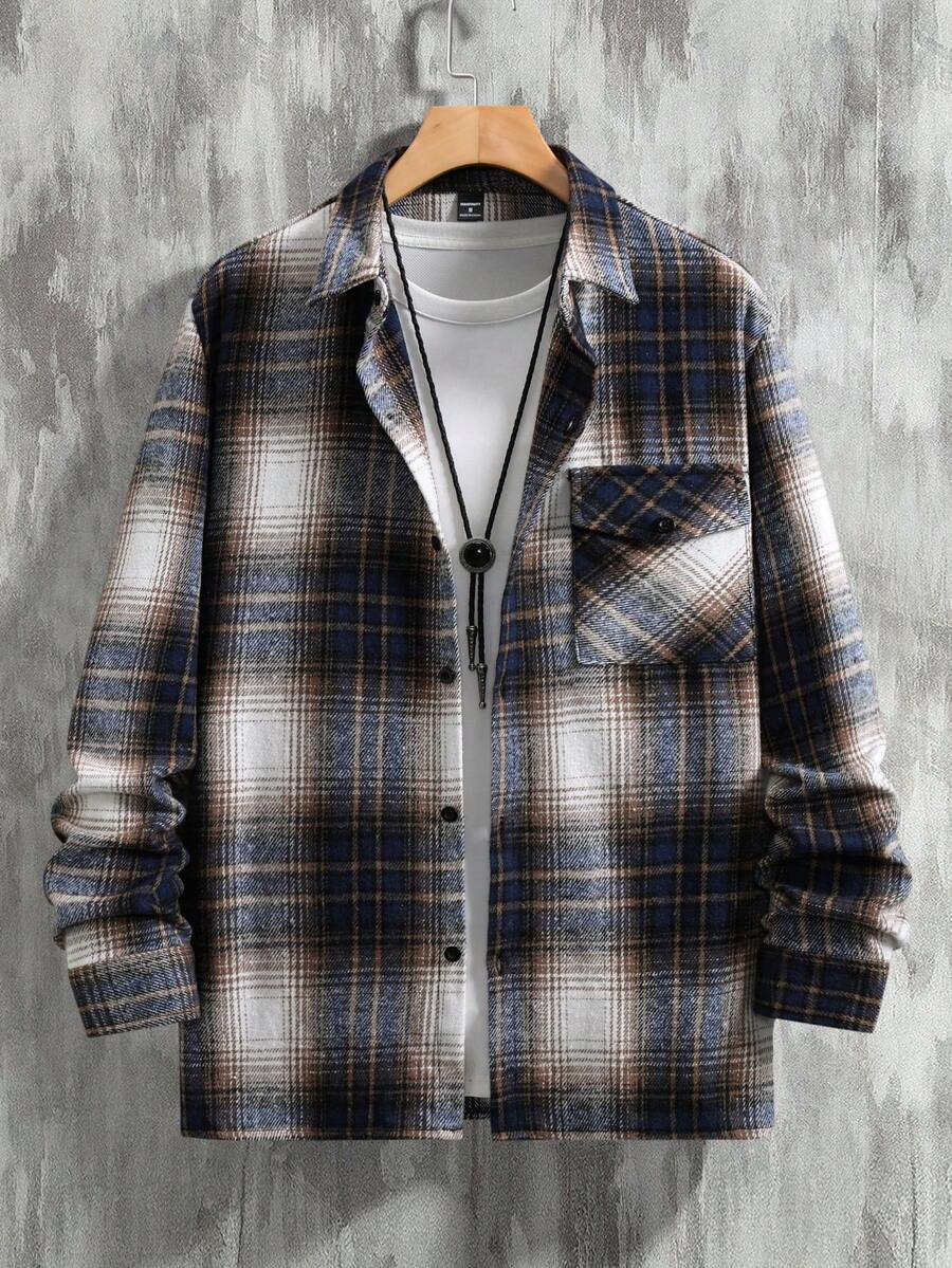 Manfinity Homme Men's Casual Plaid Shacket, Autumn - Navy Blue - View 1
