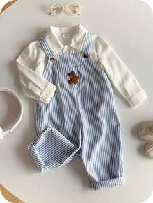 SHEIN Baby Boy Casual Cute Versatile Striped Cartoon Bear Pattern Bib Jumpsuit Baby Boy Overall Set