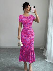 Elenzga 法式优雅印花荷叶边中长连衣裙 - 玫紅色 - 查看 1