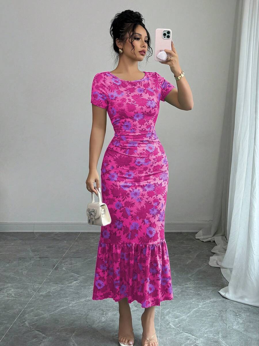 Elenzga 法式优雅印花荷叶边中长连衣裙 - 玫紅色 - 查看 1