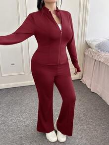 SHEIN EZwear Setelan 2 Potong Jaket Yoga Ringan Kasual Ukuran Besar dan Celana Flare, Pakaian Musim Gugur untuk Wanita - Burgundy - View 7