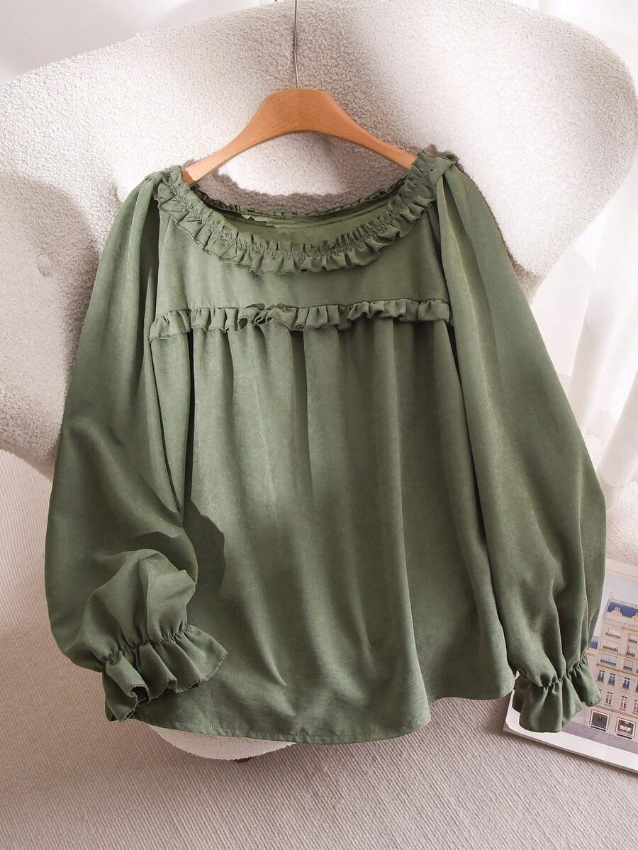 CosyJoli Plus Size Women Casual Solid Color Ruffle Hem Blouse - Green - View 1