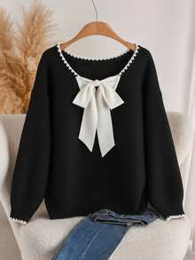 CosyJoli 大码羊毛套头衫，蝴蝶结女式上衣，可爱秋冬服装，大码女式羊毛套头衫，保暖套头毛衣 - 黑色 - 查看 3