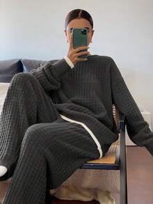 DAZY 两件套女士冬季针织撞色滚边宽松长袖上衣和裤子睡衣套装 - 咖啡棕 - 查看 5