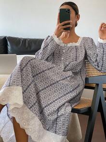 DAZY Sweet Contrast Color Ruffle Patchwork Loose Mid-Length Women Nightgown, Moo Moo Night Dress Pajamas - Multicolor - View 1