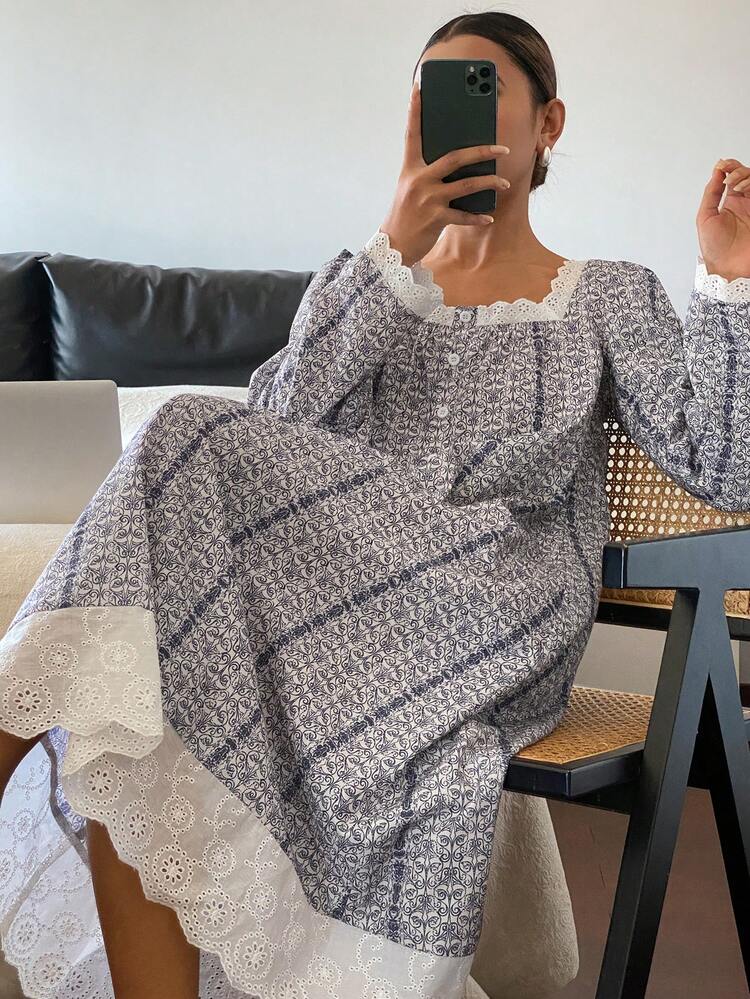 Sweet Contrast Color Ruffle Patchwork Loose Mid-Length Women Nightgown, Moo Moo Night Dress