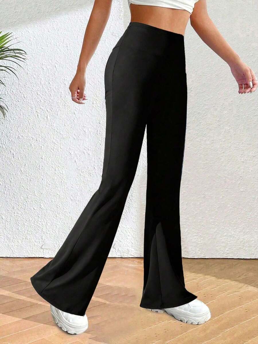 SHEIN Unity 女士纯色高腰休闲喇叭裤 - 黑色 - 查看 1